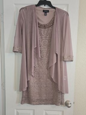 R&M Richards Beaded Lace Evening Dress in Mauve/Champagne